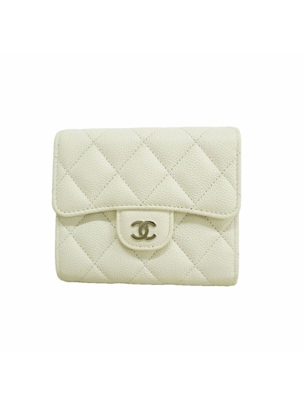 Chanel Trifold Wallet Quilted Caviar Leather White Silver
